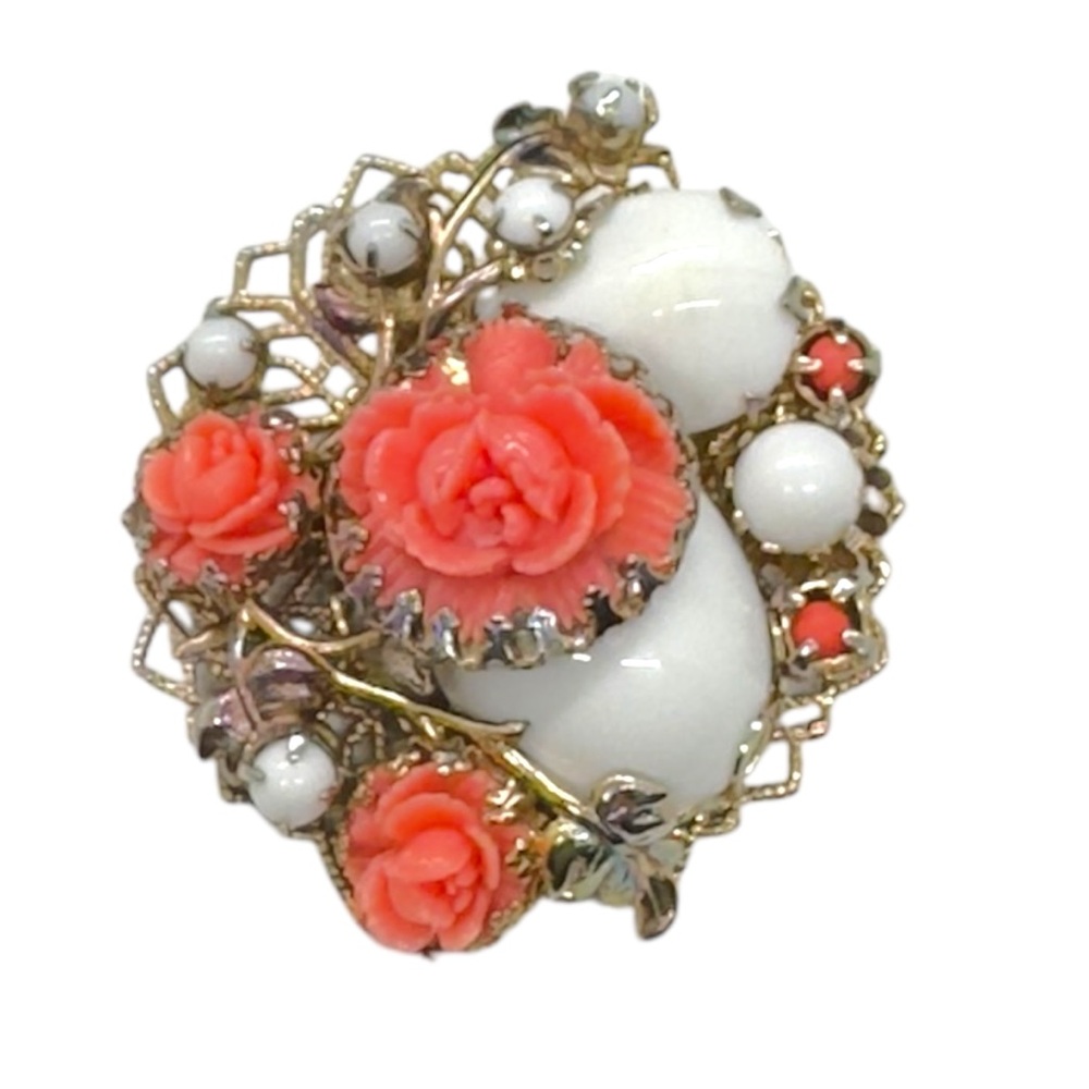 Vintage White Milk Glass Cabochon & Coral Glass Flower Brooch